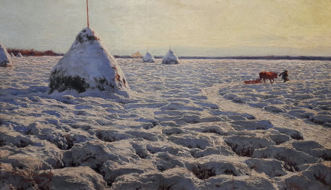 雪に覆われたリトアニアの沼地。 作： ヘンリク・ヴァイセンホフ