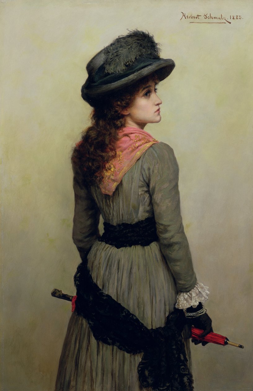 デニス-1885年、赤い傘を持つ少女の肖像画 作： ヘルベルト・ギュスターヴ・シュマルツ