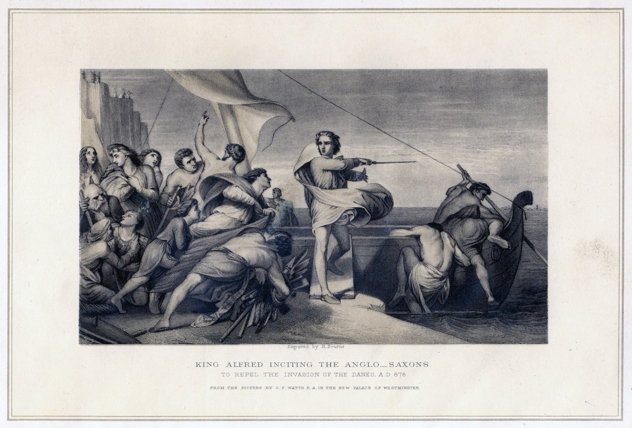 アルフレッド王、アングロサクソン人にデンマーク人の侵略を撃退するよう扇動、896年、c1847年 作： ハーバート・ボーン
