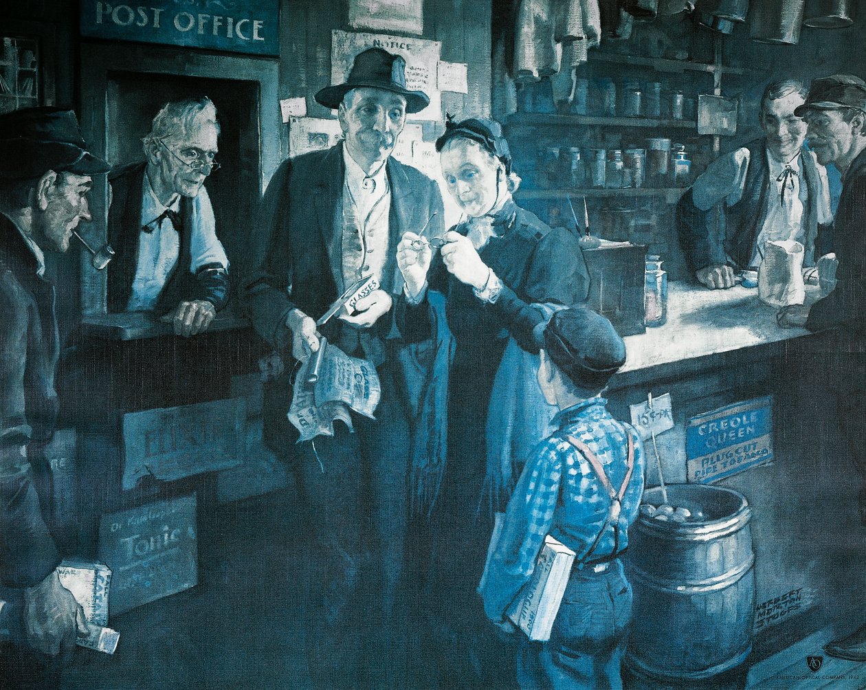 1800 年代後半の眼鏡店、アメリカン オプティカル カンパニーの広告 作： ハーバート・モートン・ストゥープ