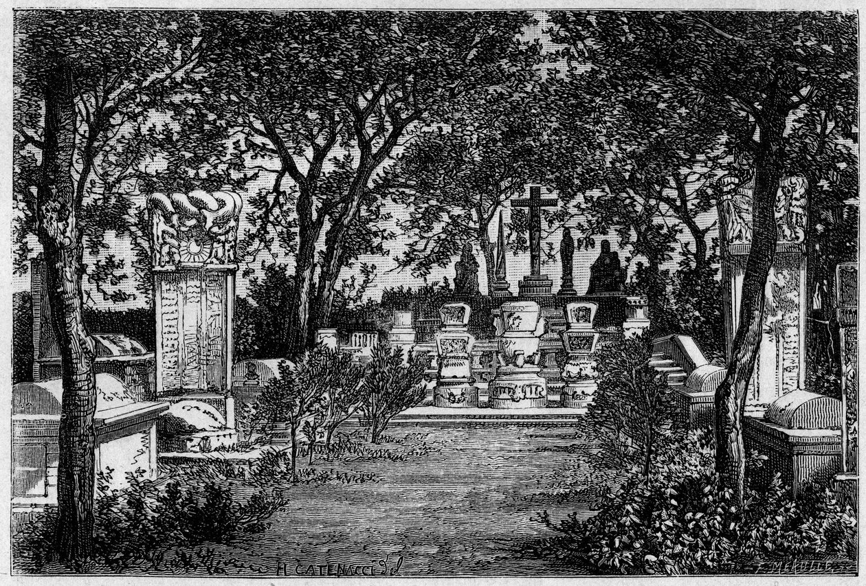 1870年に北京で行われたイエズス会のマッテオ・リッチ（1552-1610）とアダム・シャル・フォン・ベル（1592-1666）の埋葬式。Le Tour du Monde, Nouveau journal des Voyages "に掲載されたトムソンの写真をもとに、カテナッチが描いた絵をもとにした版画。 作： ヘラクレス (後) カテナッチ