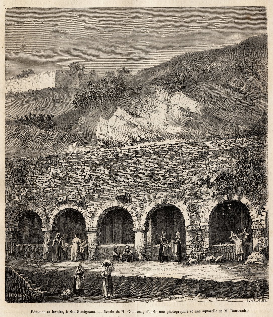 Frauen an der Quelle und den Waschgelegenheiten von San Gimignano (Toskana, Italien). Gravur nach H. Catenaccis Zeichnung, zur Illustration der Reise nach Toskana und Umbrien, von Francis Wey, 1875, veröffentlicht in „Le tour du monde“, 1876, herausgegeb von Hercule (after) Catenacci