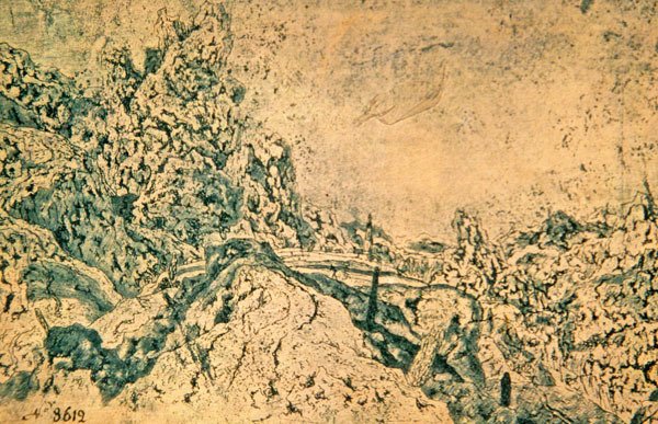 遠くに塔のある岩場の風景（紙にインク） 作： ヘラクレス・セガーズ