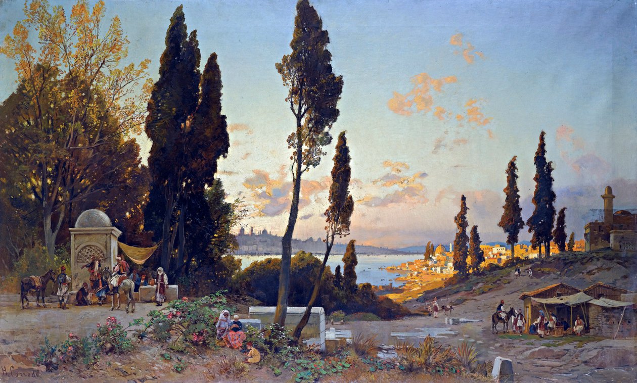 Vue du Bosphore a Constantinople - Peinture de Hermann David Salomon Corrodi (1844-1905), orientalisme - ボスポラス海峡の眺め、コンスタンティノープル - Hermann David Salomon Corrodi (1844-1905) 作キャンバスに油彩 - 100x166,5 cm - 個人蔵 作： ハーマンデビッドサロモンコロディ