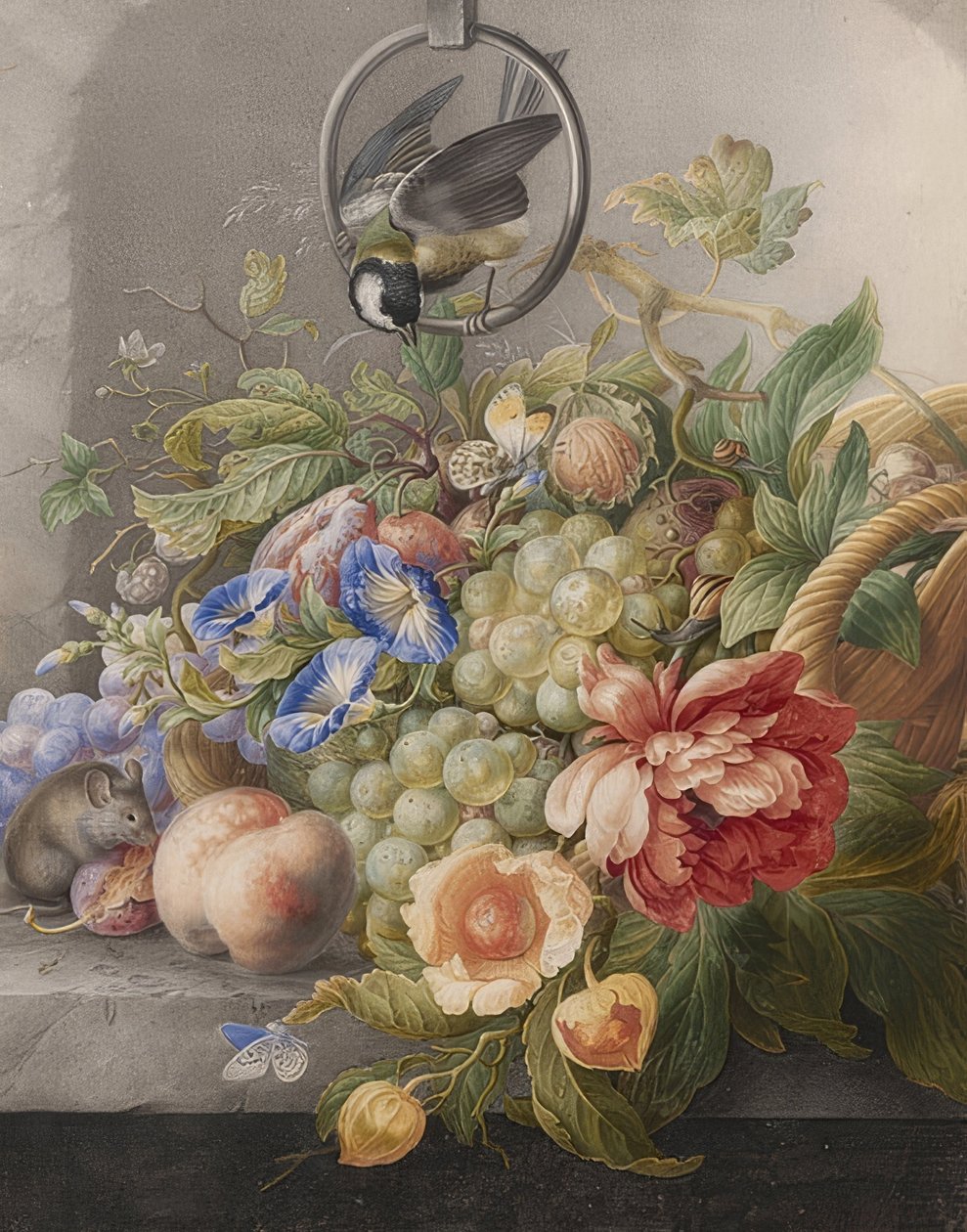 花の静物画、果物、シジュウカラとネズミ。 1700-10年頃 作： ハーマン・ヘンステンブルク