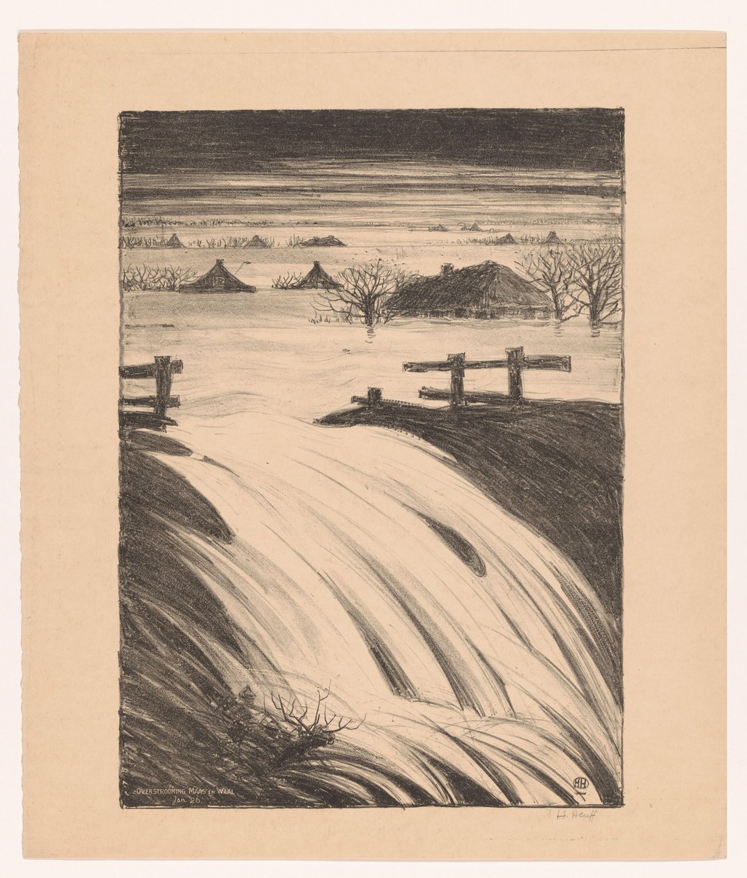 マース川とワール川の洪水 1926年（アイテムの原題） 作： ハーマン・ホイフ（アーティストによる署名）