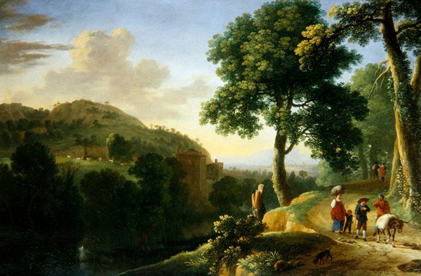旅人とロバのいるイタリア風風景画 1640年頃（油彩・キャンバス） 作： ハーマン・ファン・スワンベルト