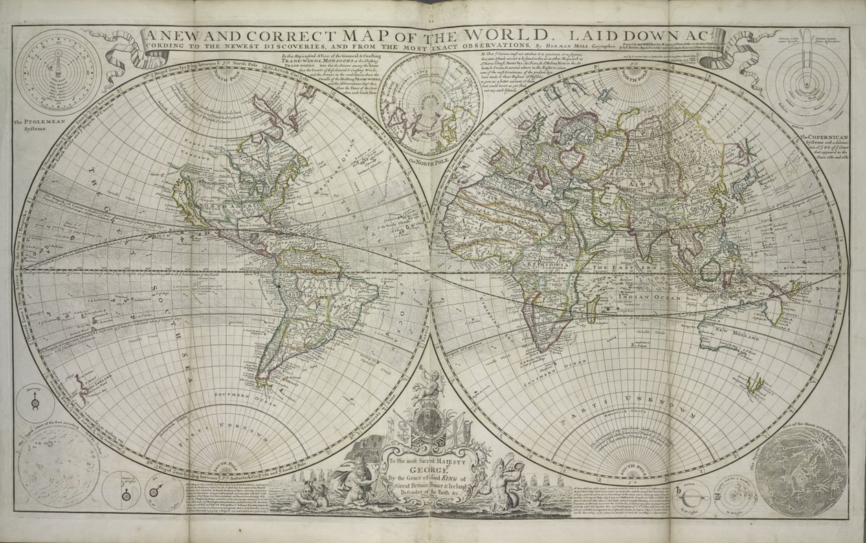 最新の発見と最も正確な観察から得られた1736年の新しい正確な世界地図（手書きの印刷） 作： ヘルマン・モル
