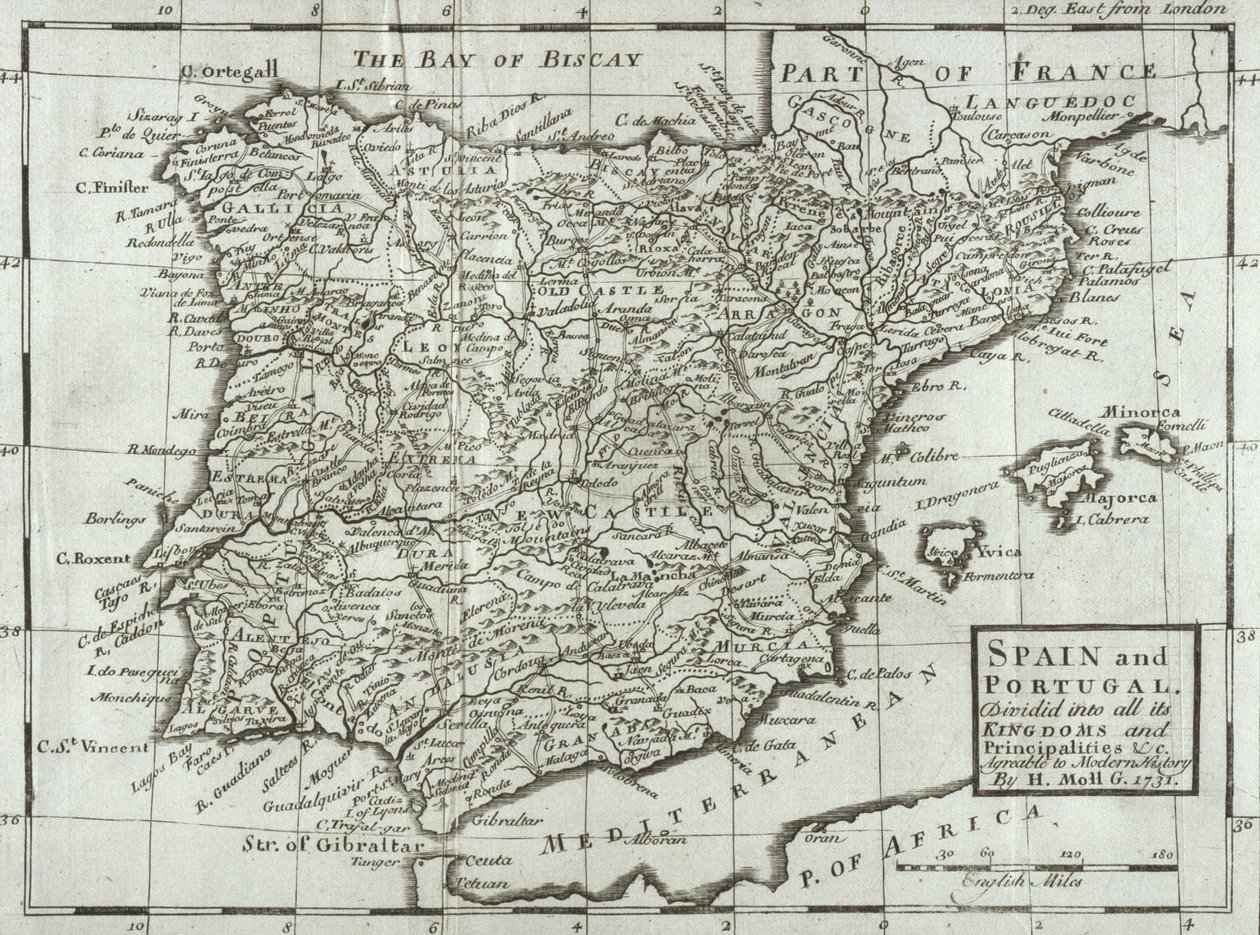 スペインとポルトガルの地図、1731年 作： ヘルマン・モル