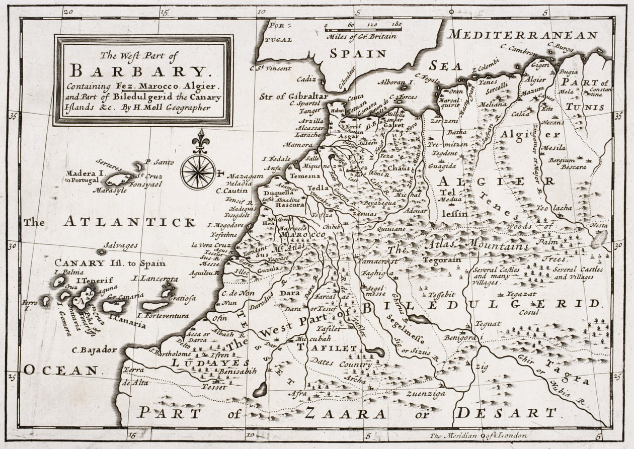 バーバリ西部の地図、1720年頃 作： ヘルマン・モル