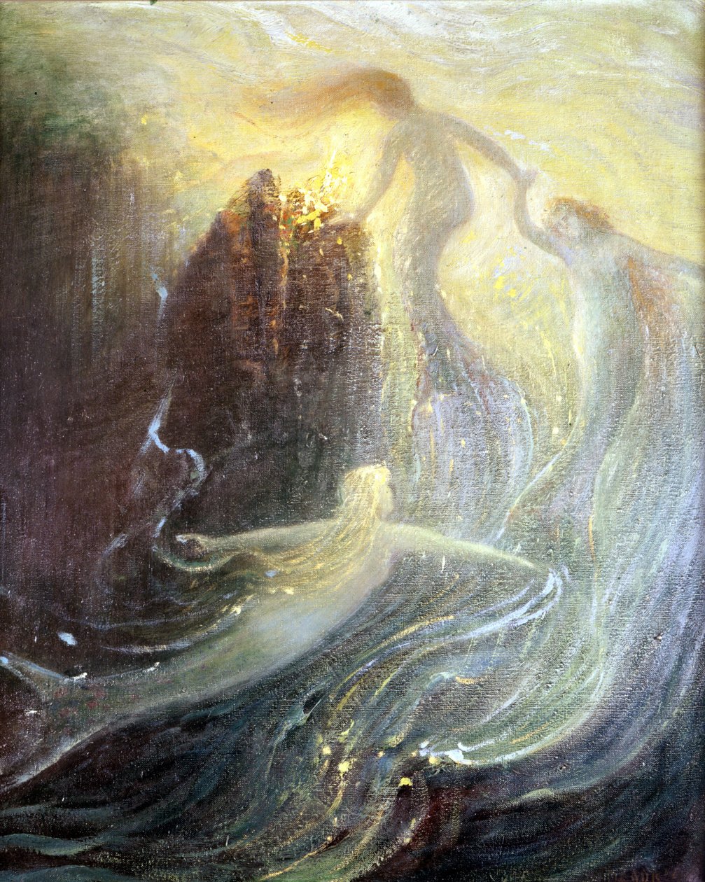 1869年に制作されたリヒャルト・ワーグナーのオペラ「ラインの女たち」のセット：ヘルマン・ヘンドリヒの絵画。バイロイトのワーグナー博物館。 作： ハーマン・ヘンドリッヒ