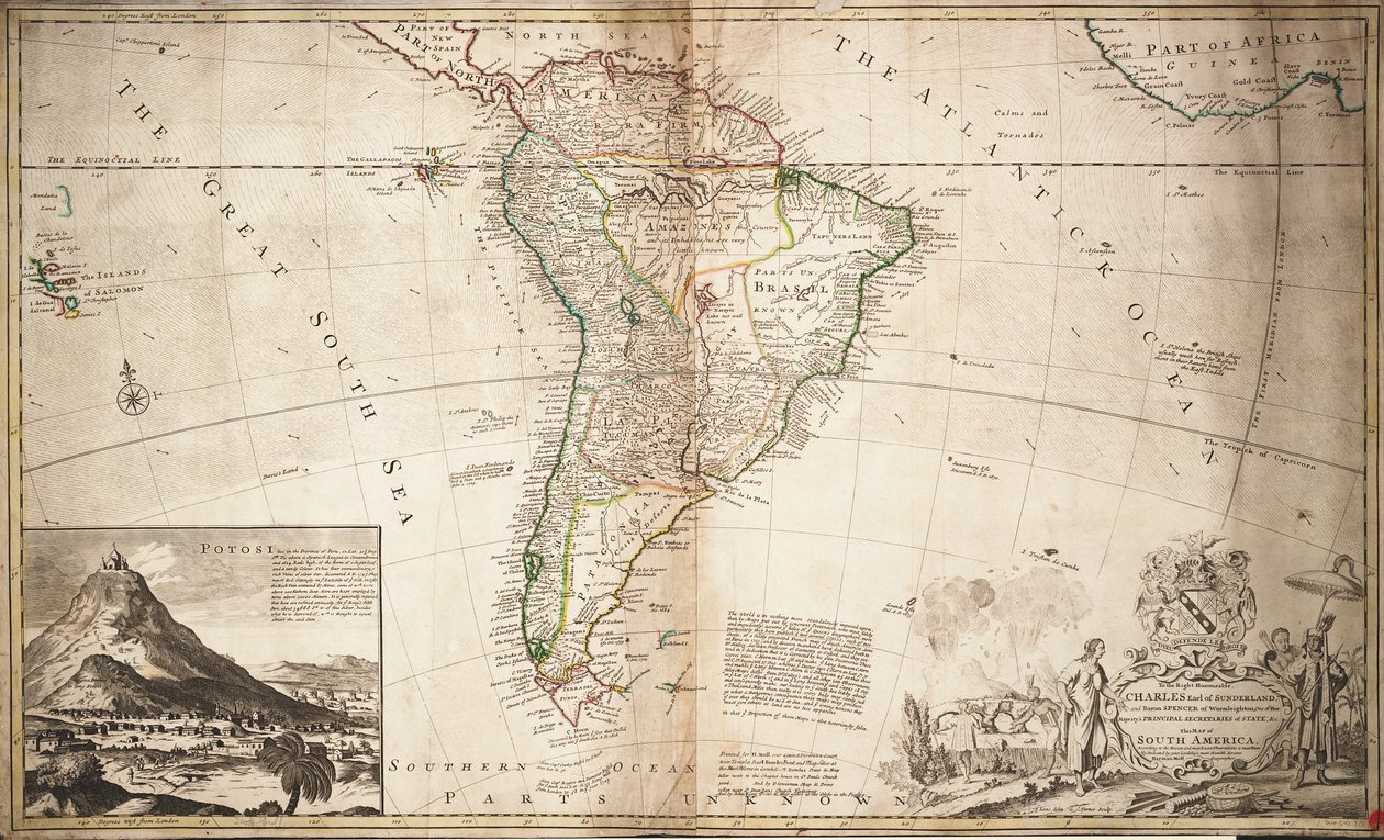 南アメリカ地図、1715年頃（彩色エングレーヴィング） 作： ヘルマン・モル