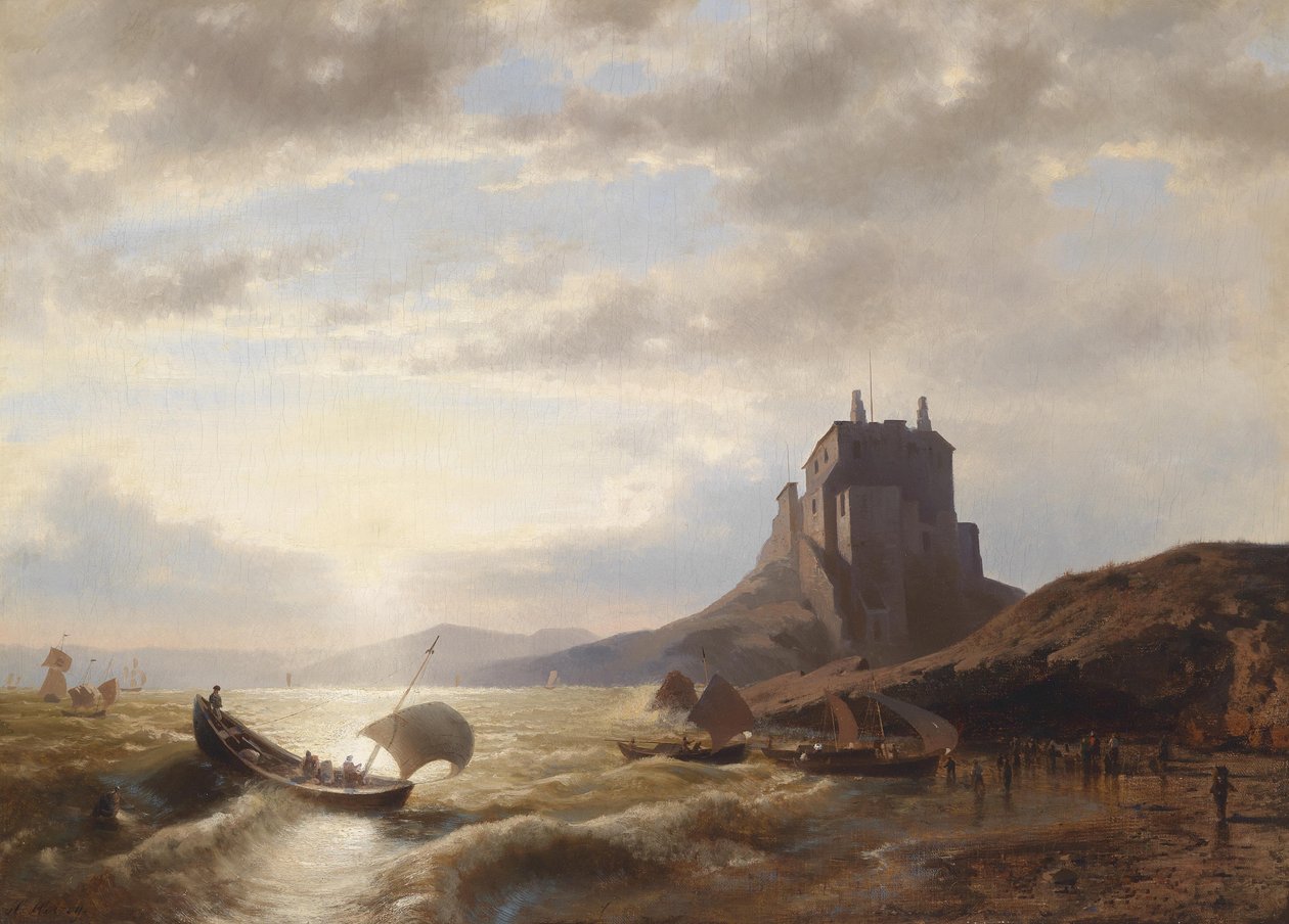 漁師のいる海岸風景 作： Hermann Ottomar Herzog