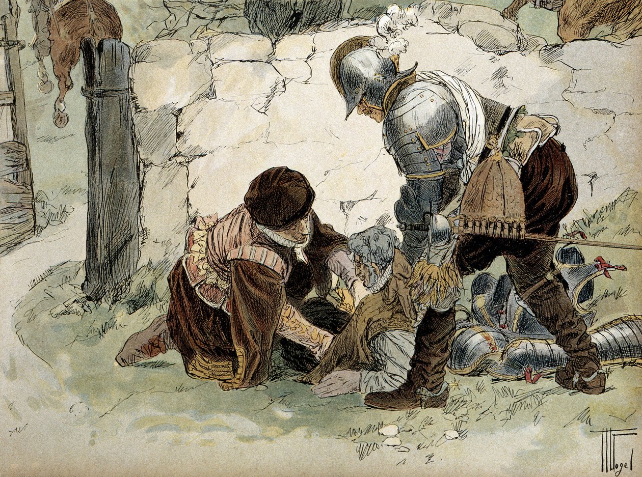 アンリ4世（1553-1610）は、マイエンヌ軍に対するオーマルでの偵察中に負傷した。ヘルマン・フォーゲル（1856-1918）による "Henri IV "のイラスト 作： ハーマン・フォーゲル