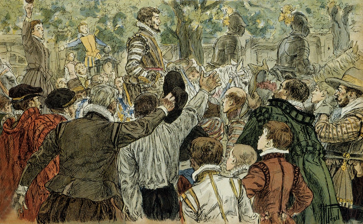 バリケードの日（1588年5月12日）の後、パリ市民から拍手喝采を浴びるカトリック同盟のリーダー、アンリ・ド・ギーズ（1549-1588）。ヘルマン・フォーゲル（1856-1918）による1907年のイラスト。Particuliereコレクション。 作： ハーマン・フォーゲル