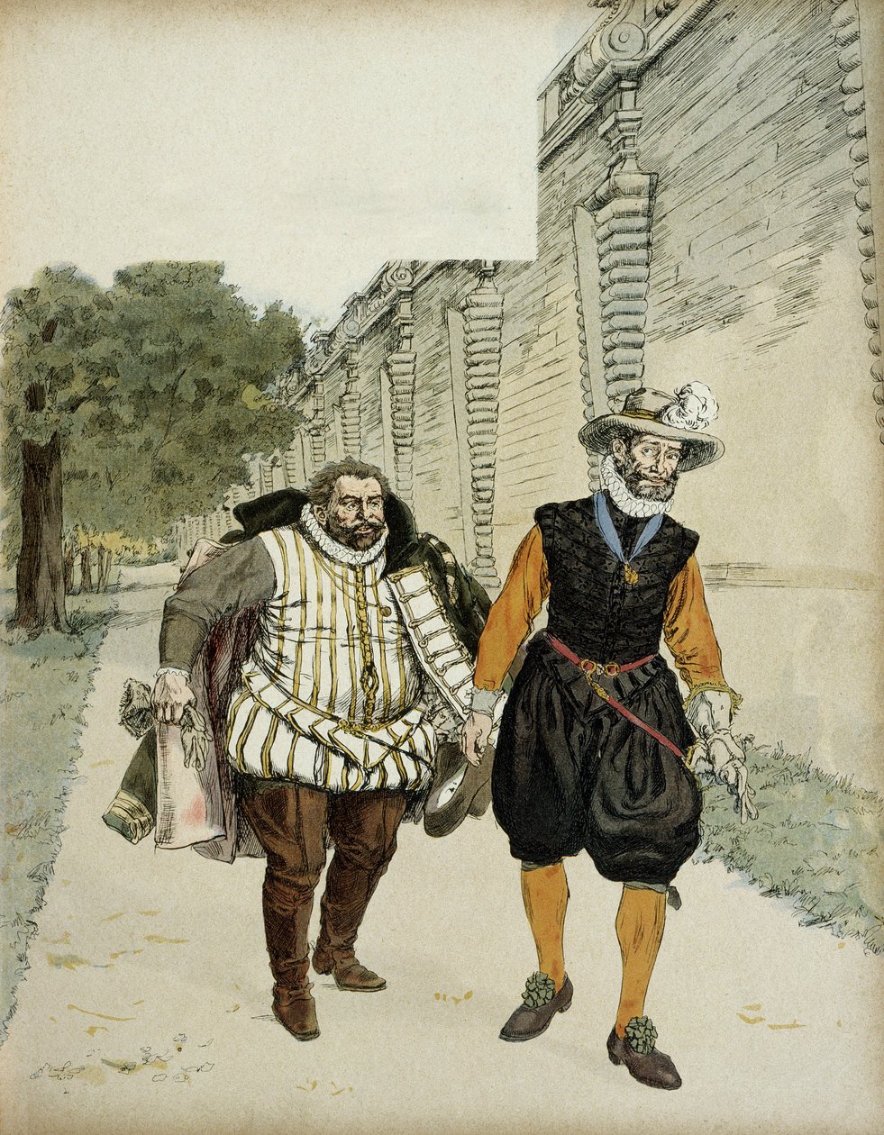ヘンリー4世（1553-1610）とマイエンヌ公シャルル・ド・ロレーヌ（1554-1611）。1596年、ブリー川沿いにあるモンソー城の庭園で行われた、2人の敵であるlegueursのリーダー、マイエンヌと国王の最初の和解のための会見。図解 作： ハーマン・フォーゲル