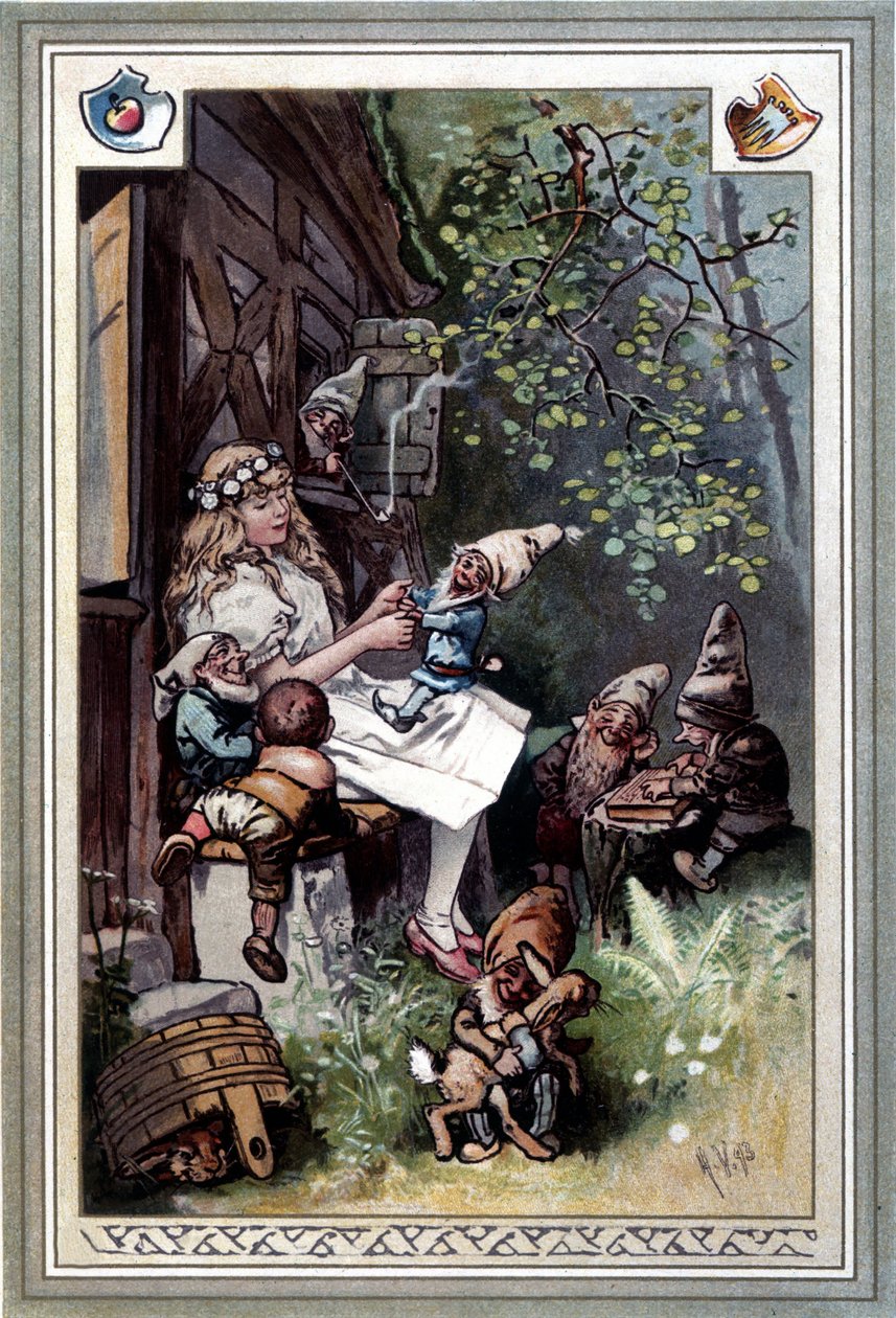 Kinder und hausmarchen (Tales of childhood and the home) (1812):  グリム兄弟の寓話集。1894年にHermann Vogelが描いた「白雪姫と7人の小人たち」の表紙。