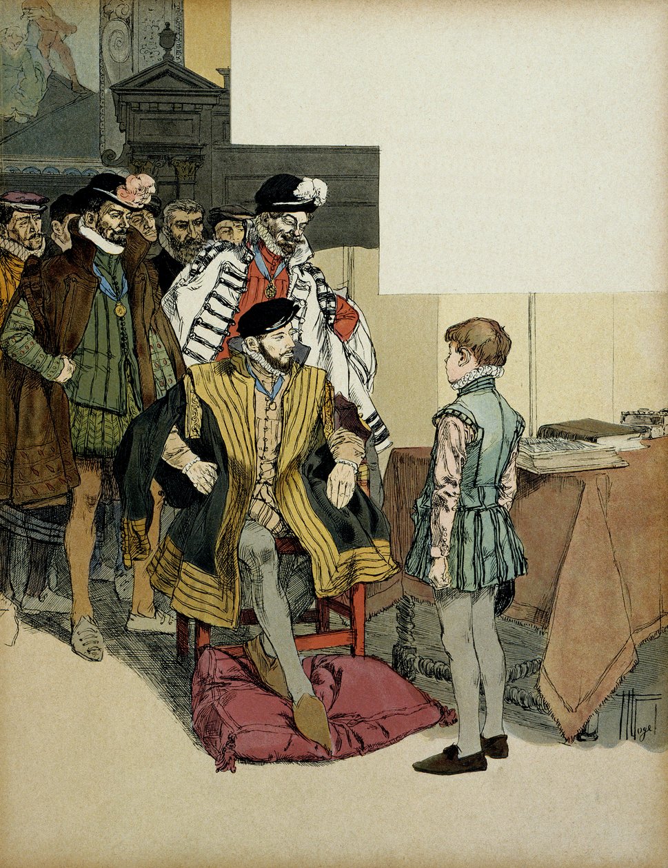 紳士たちに囲まれたフランス王アンリ2世（1519-1559）は、子供の頃のアンリ4世（1553-1610）の再婚相手を質問するのが好きなようです。ヘルマン・フォーゲル（1856-1918）による "アンリ4世 "のイラスト 作： ハーマン・フォーゲル