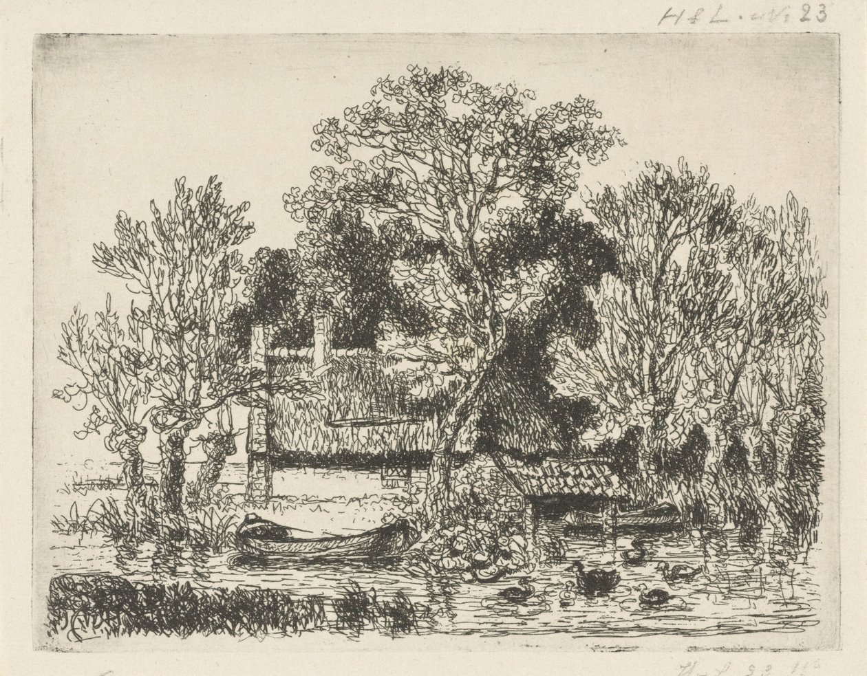 はしけとアヒルのいる川の景色 作： Hermanus Jan Hendrik van Rijkelijkhuysen