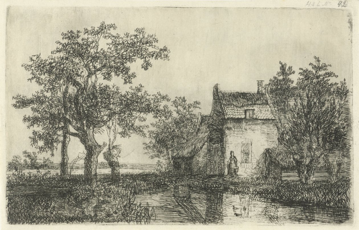 水辺の農家の家の前でバスケットを持つ女性 作： Hermanus Jan Hendrik van Rijkelijkhuysen