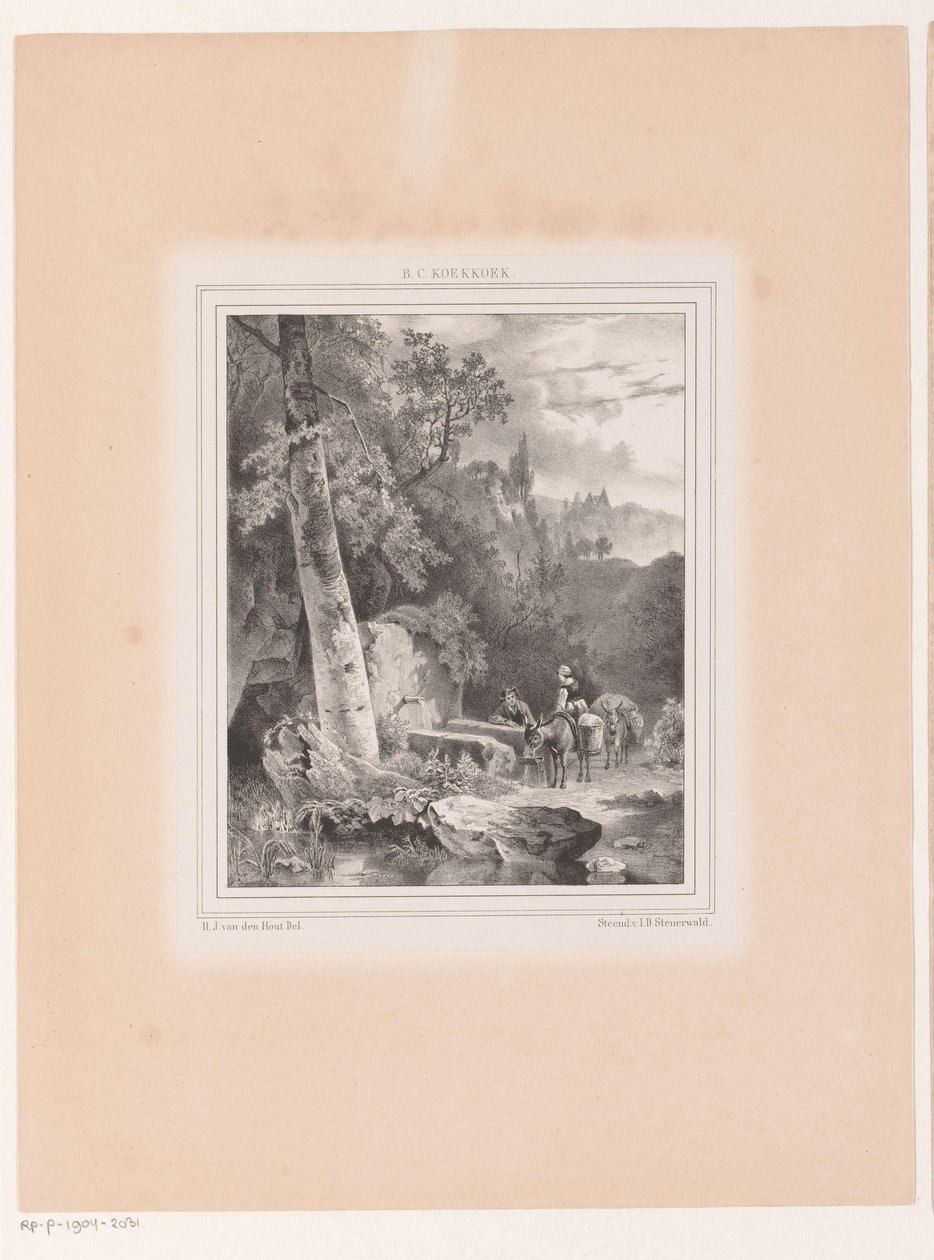 男性、女性、2 頭のロバが井戸にいる風景 作： Hermanus Johannes van den Hout