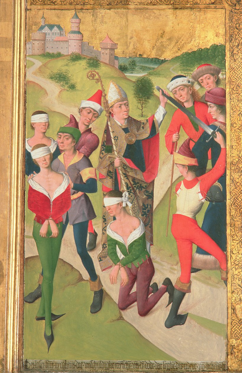 聖ニコラスは、聖ニコラス教会の高祭壇から、罪のない3人の男を処刑から救った、1481年（詳細）（197688-91を参照） 作： ハーメン・ロード