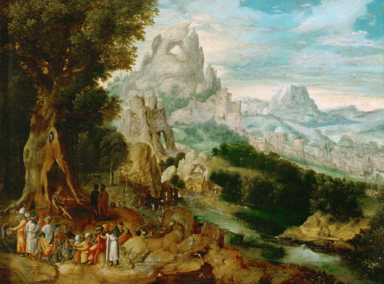 Paysage avec Saint Jean Baptiste prechant（洗礼者聖ヨハネのいる風景）』Herri met de Bles（Henri Bles）（1510-1550）作。木に油彩、約1535-1540年。サイズ：29x39 cmヴィエンヌの美術史博物館 作： ヘリ・メット・ド (c.1510 p.1550) Bles