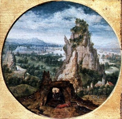 幻想的な風景の中で懺悔する聖ジェローム 作： ヘリ・メット・ド (c.1510 p.1550) Bles
