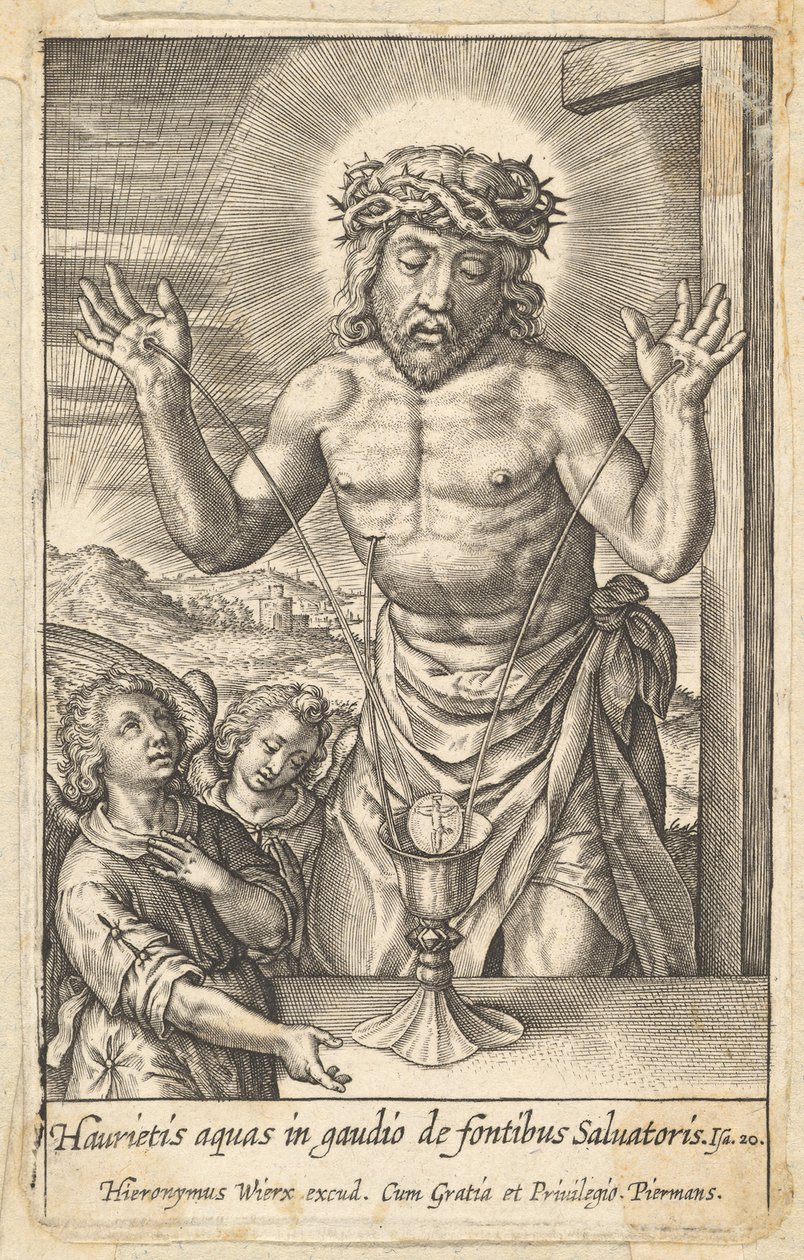 1619 年以前、2 人の天使によって崇められた贖い主の血。 作： Hieronymous Wierix