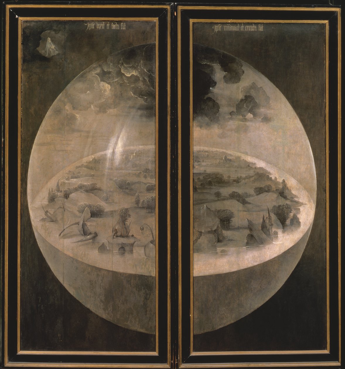 世界の創造、三連祭壇画「The Earthly Delights」の扉、1500年頃（3425も参照） 作： ヒエロニムス・ボッシュ