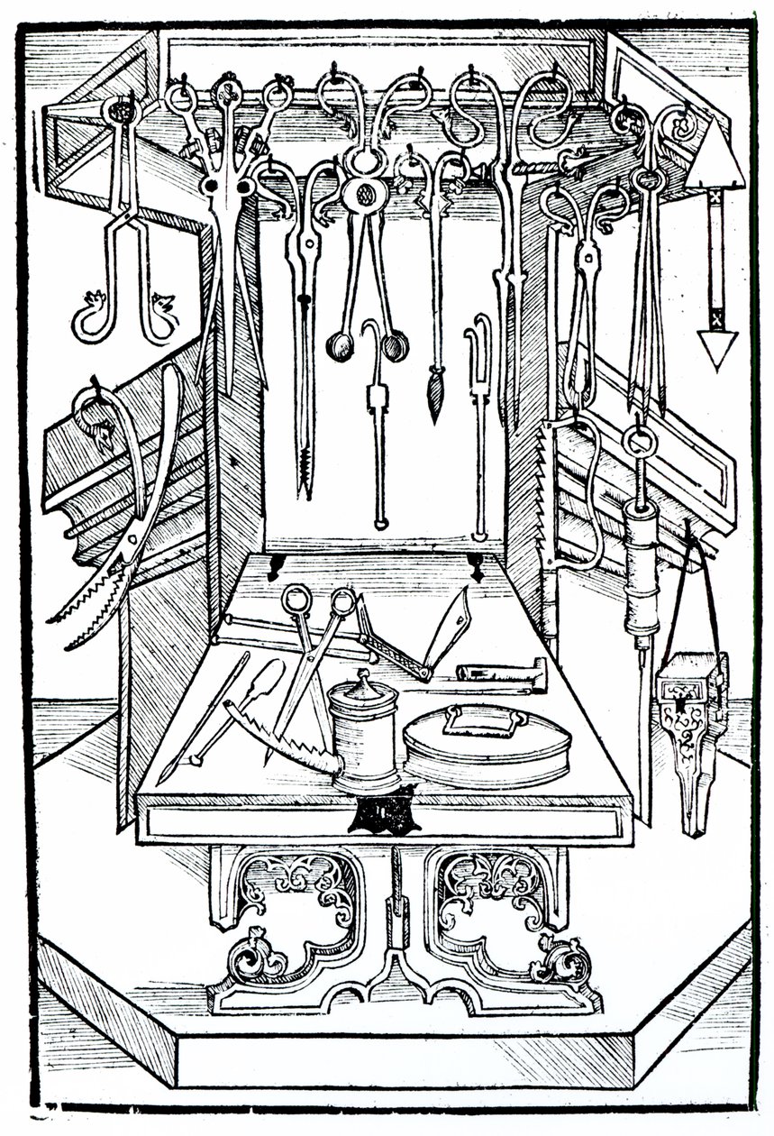 「Das Buch der Cirugia」の手術台と手術器具、ストラスブール、1497年 作： ヒエロニムス・ブランシュヴィヒ