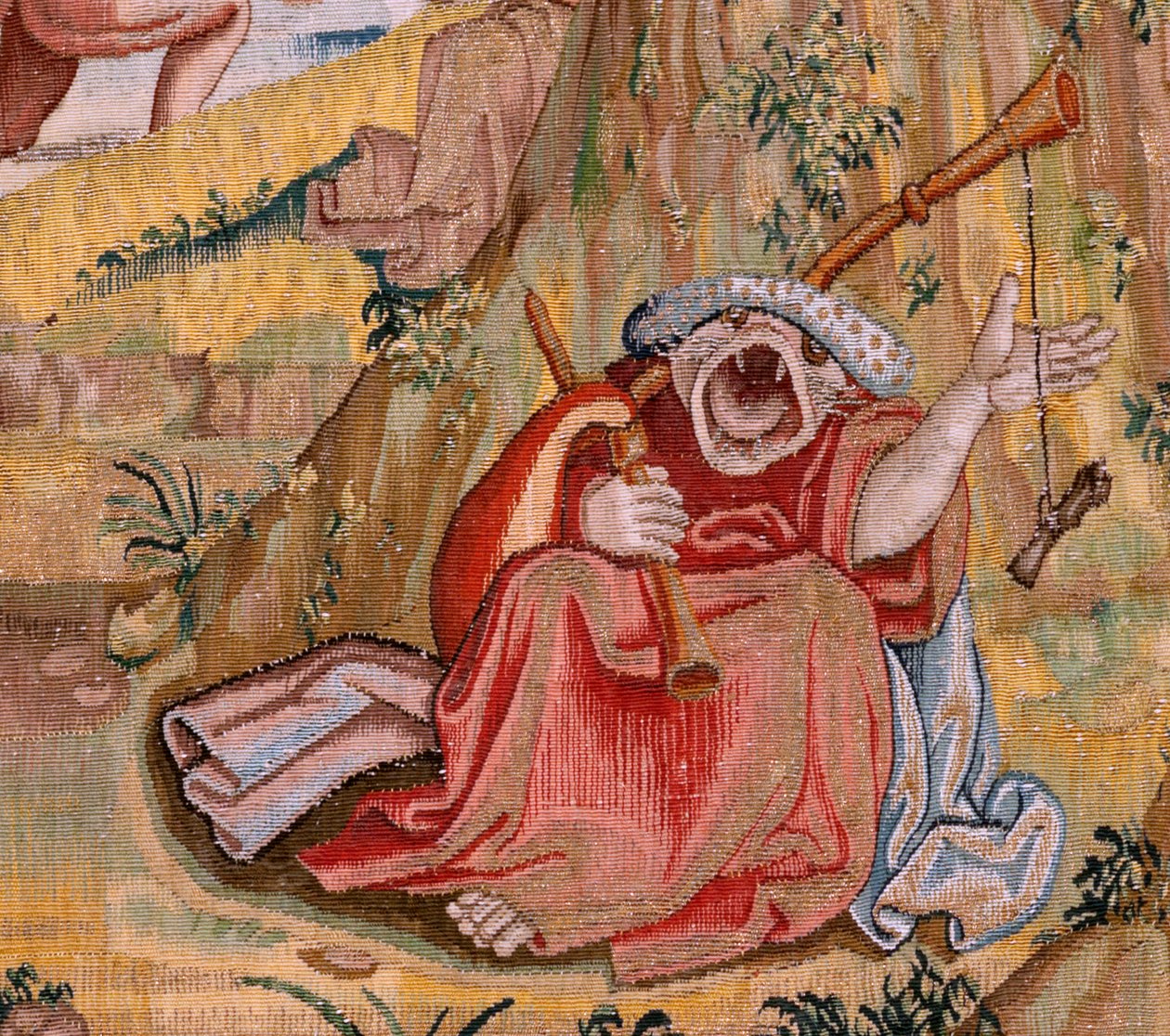 フランダースのタペストリー。 ヒエロニムス・ボスにちなんだシリーズ4のタペストリー。 祈りの聖アントニウス (San Antonio en oración)。 シリーズ第2弾のタペストリー。 ヒエロニムス・ボスの作品にインスパイアされたモデル。 マニュファクチュール アンノウン ワークショップ、ブリュッセル。 1560年以前。Fabric Go 作： ヒエロニムス（後）ボッシュ