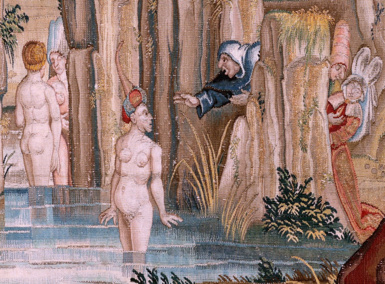 フランダースのタペストリー。 ヒエロニムス・ボスにちなんだシリーズ4のタペストリー。 祈りの聖アントニウス (San Antonio en oración)。 シリーズ第2弾のタペストリー。 ヒエロニムス・ボスの作品にインスパイアされたモデル。 マニュファクチュール アンノウン ワークショップ、ブリュッセル。 1560年以前。Fabric Go 作： ヒエロニムス（後）ボッシュ