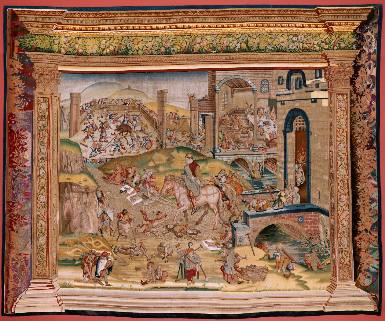 フランダースのタペストリー。 ヒエロニムス・ボスにちなんだシリーズ4のタペストリー。 セントマーチン（サンマルティン）。 シリーズ初のタペストリー。 ヒエロニムス・ボスの作品にインスパイアされたモデル。 マニュファクチュール アンノウン ワークショップ、ブリュッセル。 1560年以前。金、銀、絹、ウー 作： ヒエロニムス（後）ボッシュ