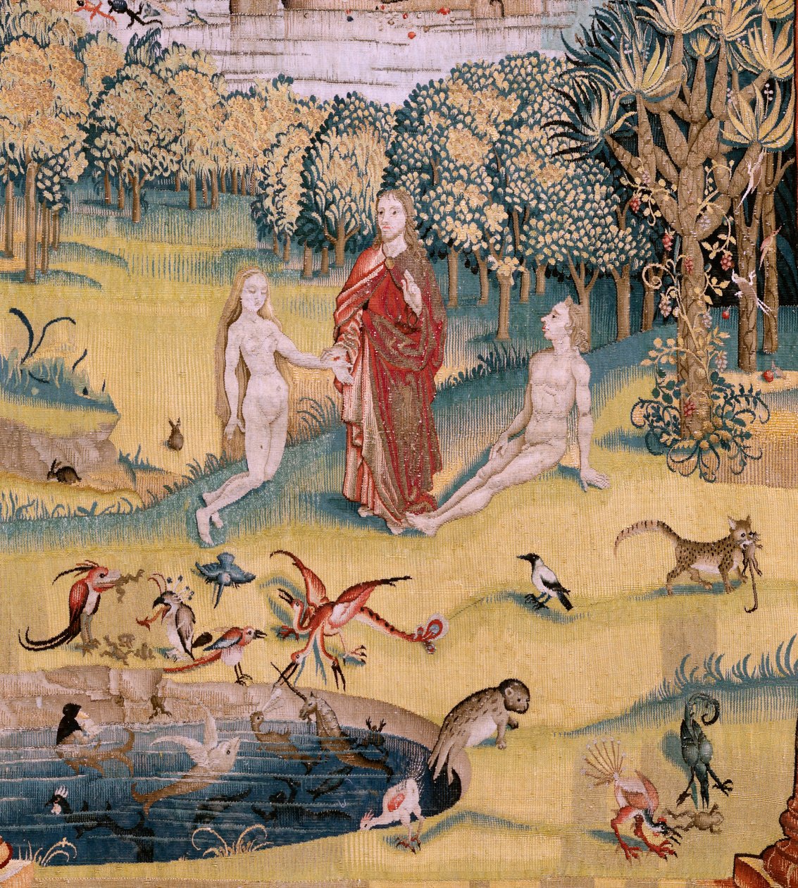 フランダースのタペストリー。 ヒエロニムス・ボスにちなんだシリーズ4のタペストリー。 快楽の園 (Jardín de las Delicias)。 シリーズ4作目のタペストリー。 ヒエロニムス・ボスの作品にインスパイアされたモデル。 マニュファクチュール アンノウン ワークショップ、ブリュッセル。 1560年以前。ファ 作： ヒエロニムス（後）ボッシュ