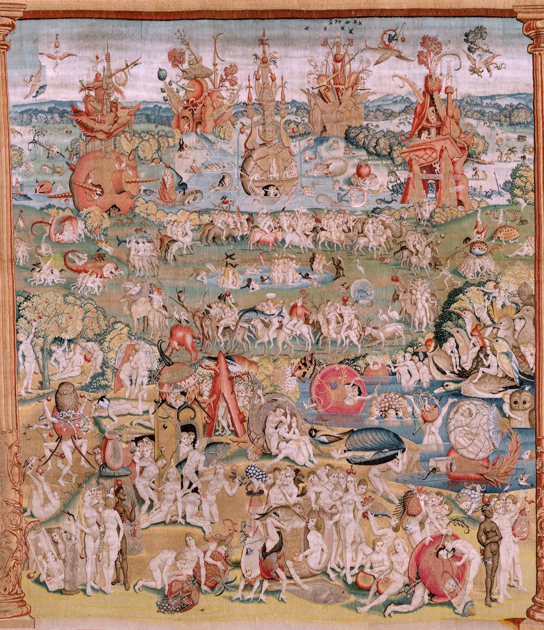 フランダースのタペストリー。 ヒエロニムス・ボスにちなんだシリーズ4のタペストリー。 快楽の園 (Jardín de las Delicias)。 シリーズ4作目のタペストリー。 ヒエロニムス・ボスの作品にインスパイアされたモデル。 マニュファクチュール アンノウン ワークショップ、ブリュッセル。 1560年以前。ファ 作： ヒエロニムス（後）ボッシュ