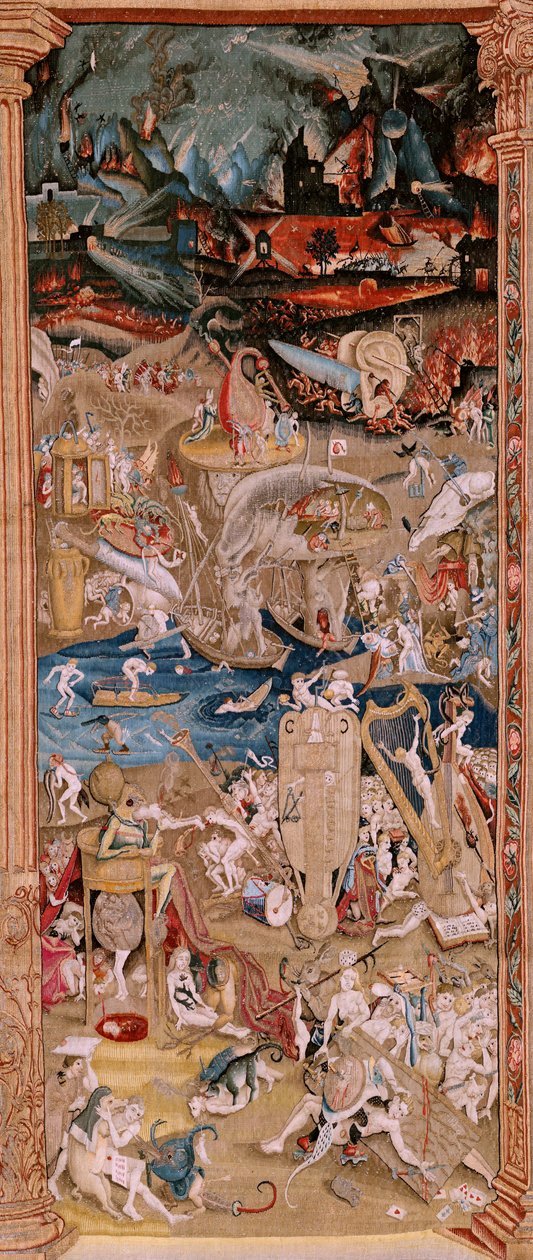 フランダースのタペストリー。 ヒエロニムス・ボスにちなんだシリーズ4のタペストリー。 快楽の園 (Jardín de las Delicias)。 シリーズ4作目のタペストリー。 ヒエロニムス・ボスの作品にインスパイアされたモデル。 マニュファクチュール アンノウン ワークショップ、ブリュッセル。 1560年以前。ファ 作： ヒエロニムス（後）ボッシュ