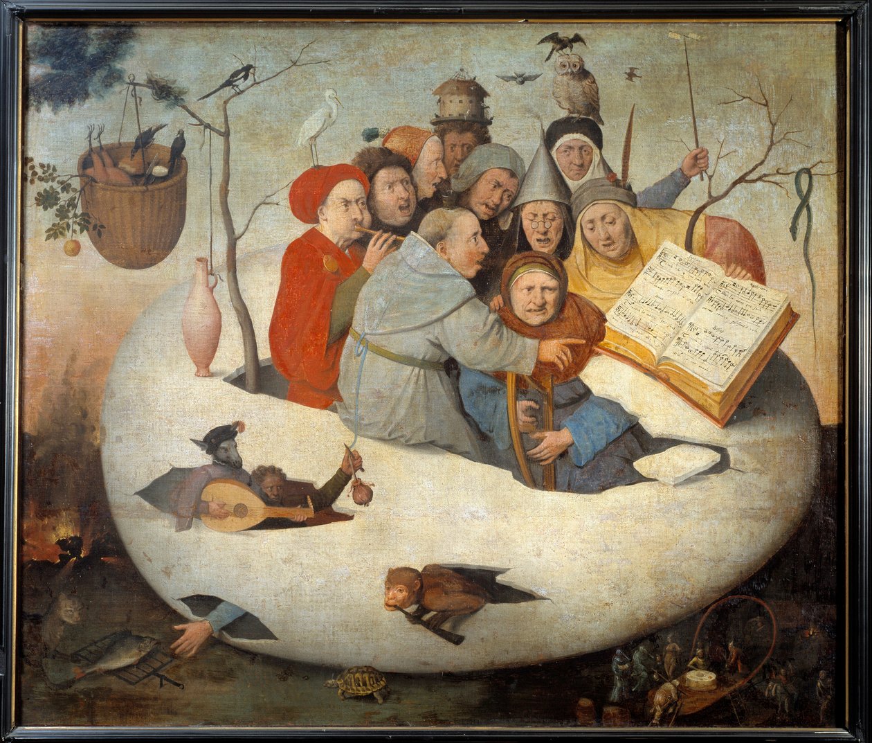 卵の中の音楽会 哲学的な卵に象徴される錬金術の風刺。ヒエロニムス・ファン・アーケン（アーケン）・ディット・ジェローム・ボッシュ（1450-1516）の後に描かれたもので、15世紀の太陽の下で描かれています。1,08x1,26 m リール、ミュゼ・デ・ボザール。- 卵の中の音楽会。錬金術への風刺 作： ヒエロニムス（後）ボッシュ