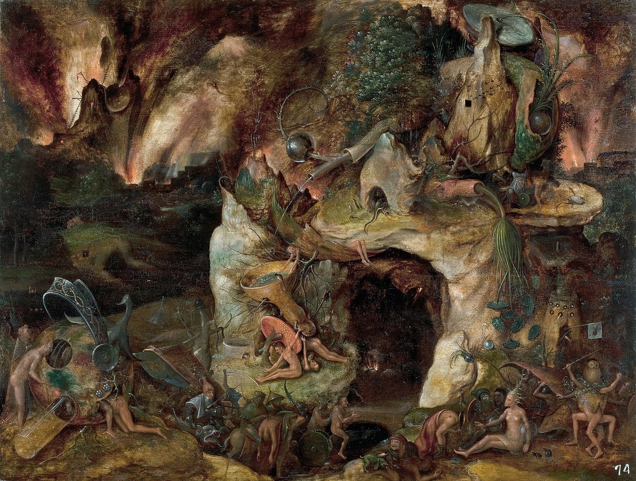 "Paysage des enfers" (地獄の風景) 1561年頃のJerome Boschの学校の絵 Dim 49x64 cm Museo del Prado, Madrid 作： ヒエロニムス（学校）ボッシュ