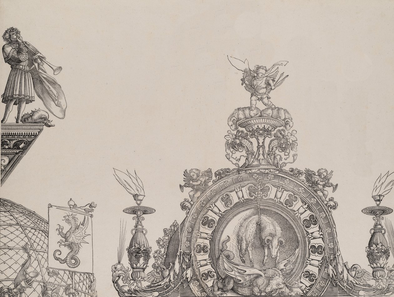 右のポータルの頂点、および中央ポータルのトランペッターと標準、フランス、1515 年。 作： ヒエロニムスアンドレアエ