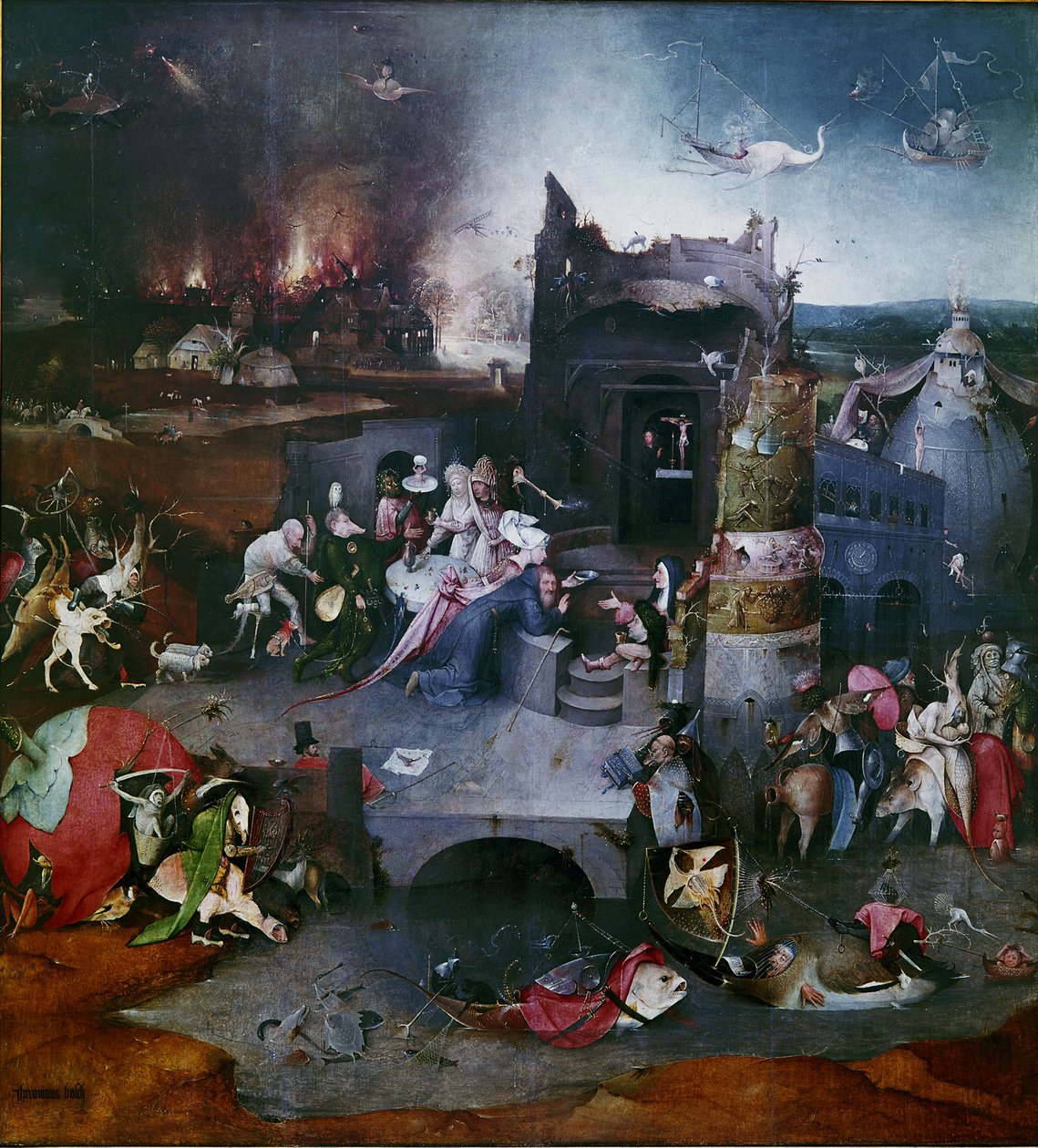 1495年から1515年までの三連祭壇画の「聖アントニウスの誘惑」中央パネル 作： ヒエロニムス・ボッシュ