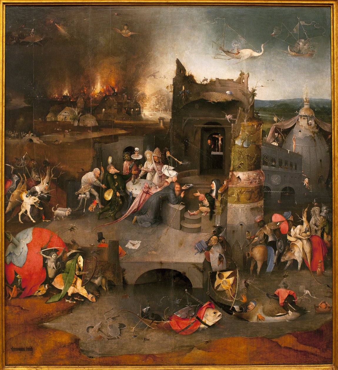 Triptychon der Versuchungen - Zentraler Teil: Die Versuchung des heiligen Antonius des Großen. Gemälde von Hieronymus Bosch (1450-1516), Öl auf Holz, um 1500 von Hieronymus Bosch