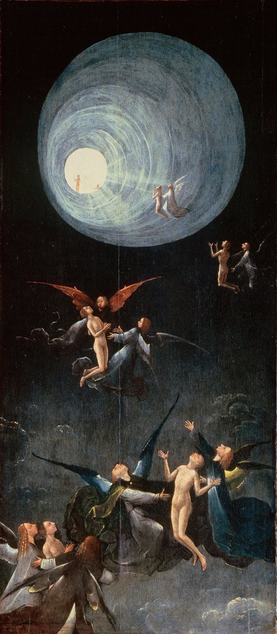 les ames bienheureuses.Le Paradis - 天国への上昇。より。ボッシュ、ヒエロニムス（1450年頃～1516年）の「来世の4つのビジョン」。木に油彩、サイズ：88,8x39,9、1490年頃～1510年、ヴェネツィア、パラッツォ・グリマーニ蔵 作： ヒエロニムス・ボッシュ