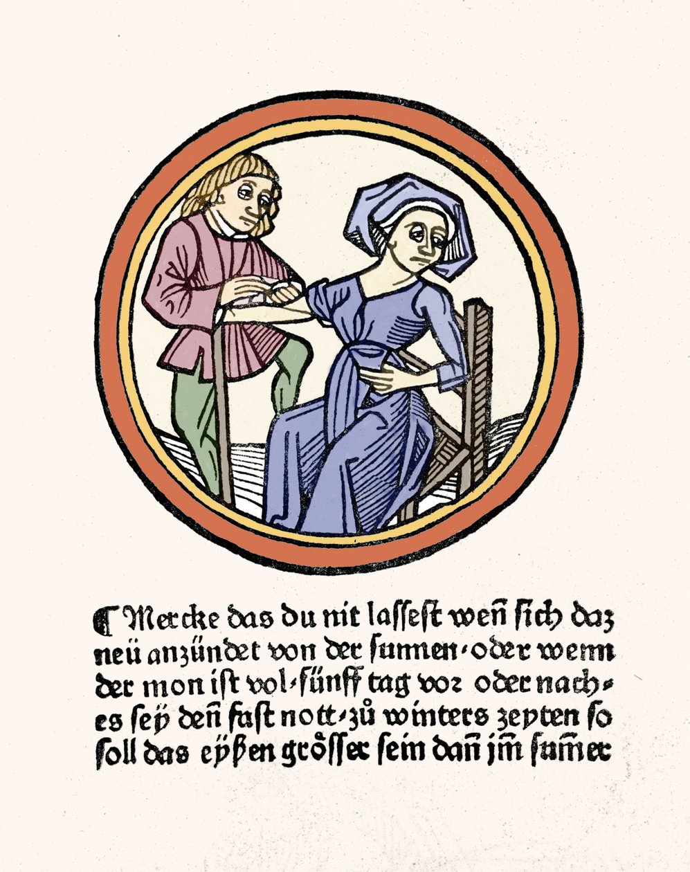 女性の出血。XylographyはHyeronimus Braunschweigの "Buch de Surgery "からの引用。ストラスブール1497年 作： ヒエロニムス・ブランシュヴィヒ