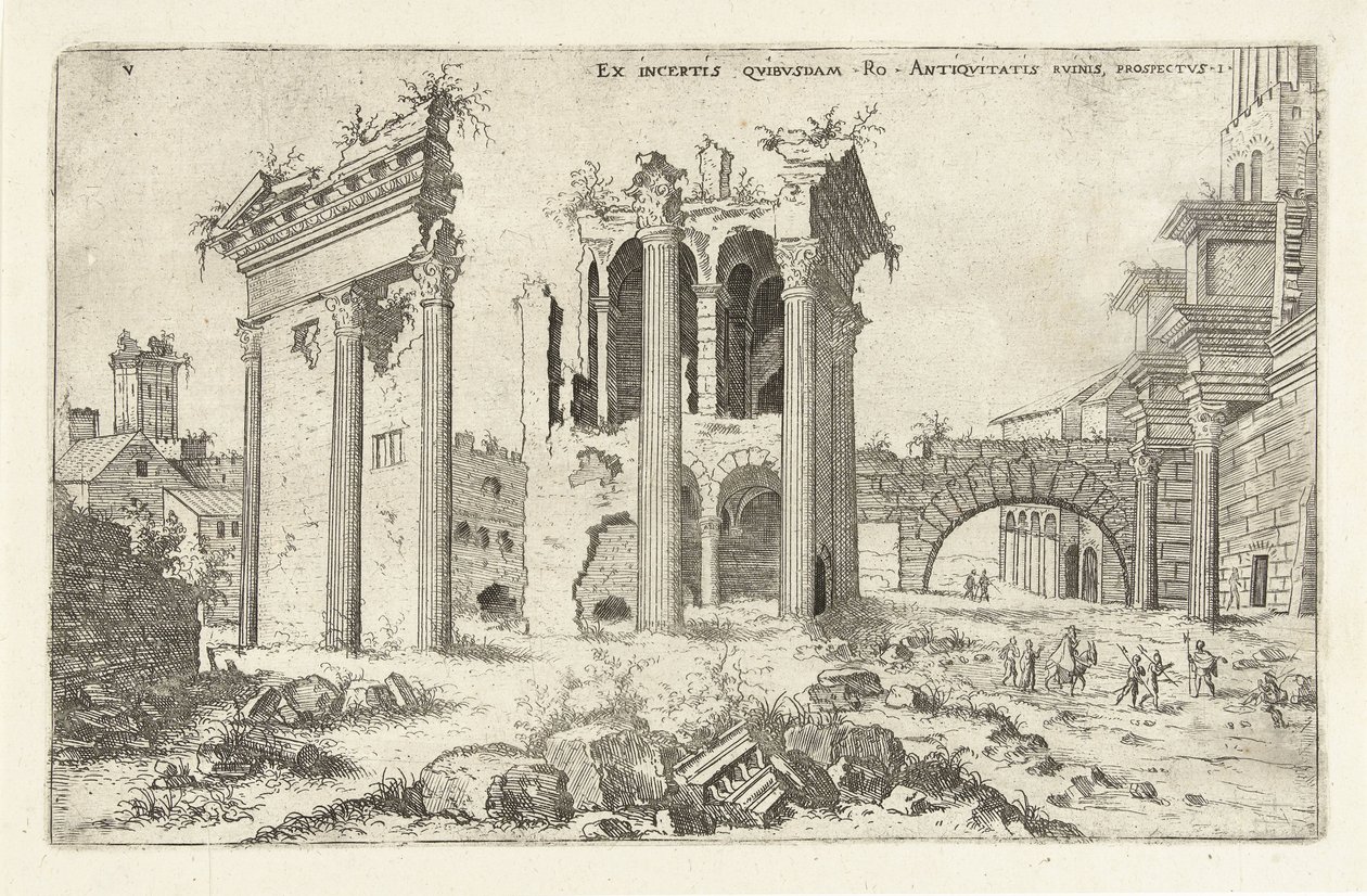 Gezicht op het Forum van Nerva Ex incertis qvibvsdam Ro Antiqvitatis Rvinis (...) (オブジェクトのタイトル) ローマの遺跡（シリーズタイトル） 作： ヒエロニムスコック