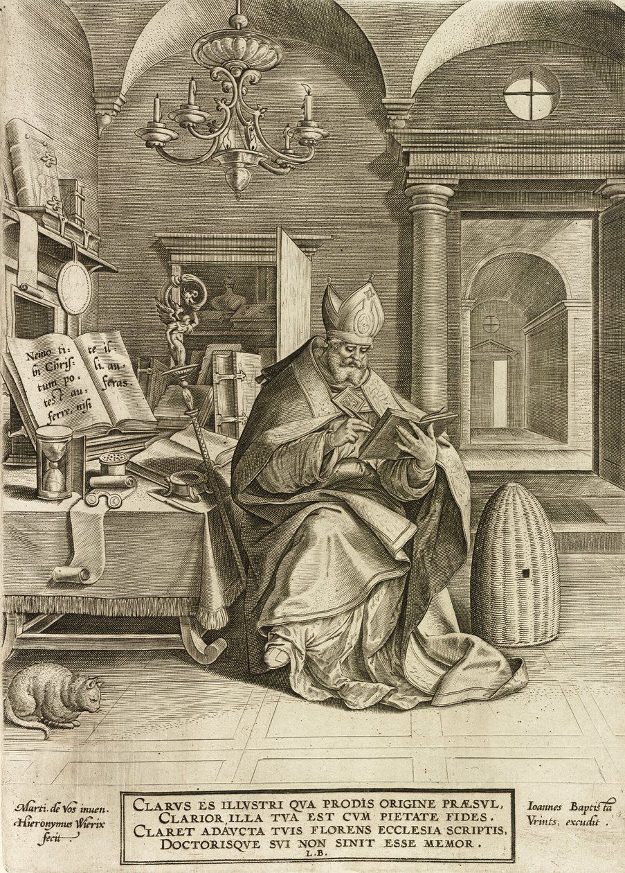 聖アンブローズ、シリーズ「教会の4つの父」、パブ。 1586年 作： HieronymusまたはJerome Wierix