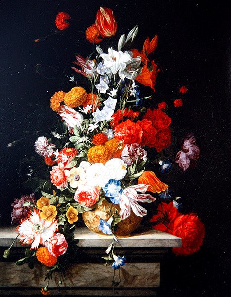 金色の花瓶の中のミックスフラワー（油彩・パネル） 作： ヒエロニムス・ザ・エルダー・ゴール