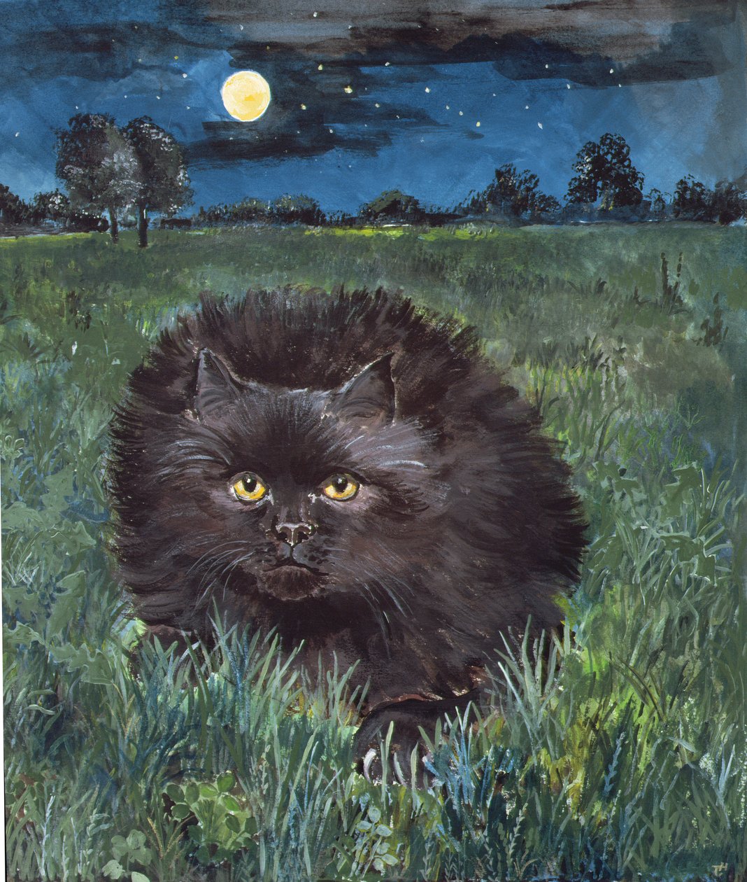 猫と月（紙にアクリル） 作： ヒラリー・ジョーンズ