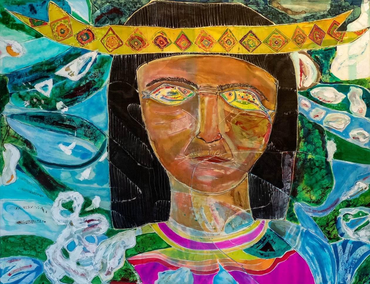 Amazonas-Shaman Olivia Arevalo、2022年（シルクに染料とペイント） 作： ヒラリー・サイモン