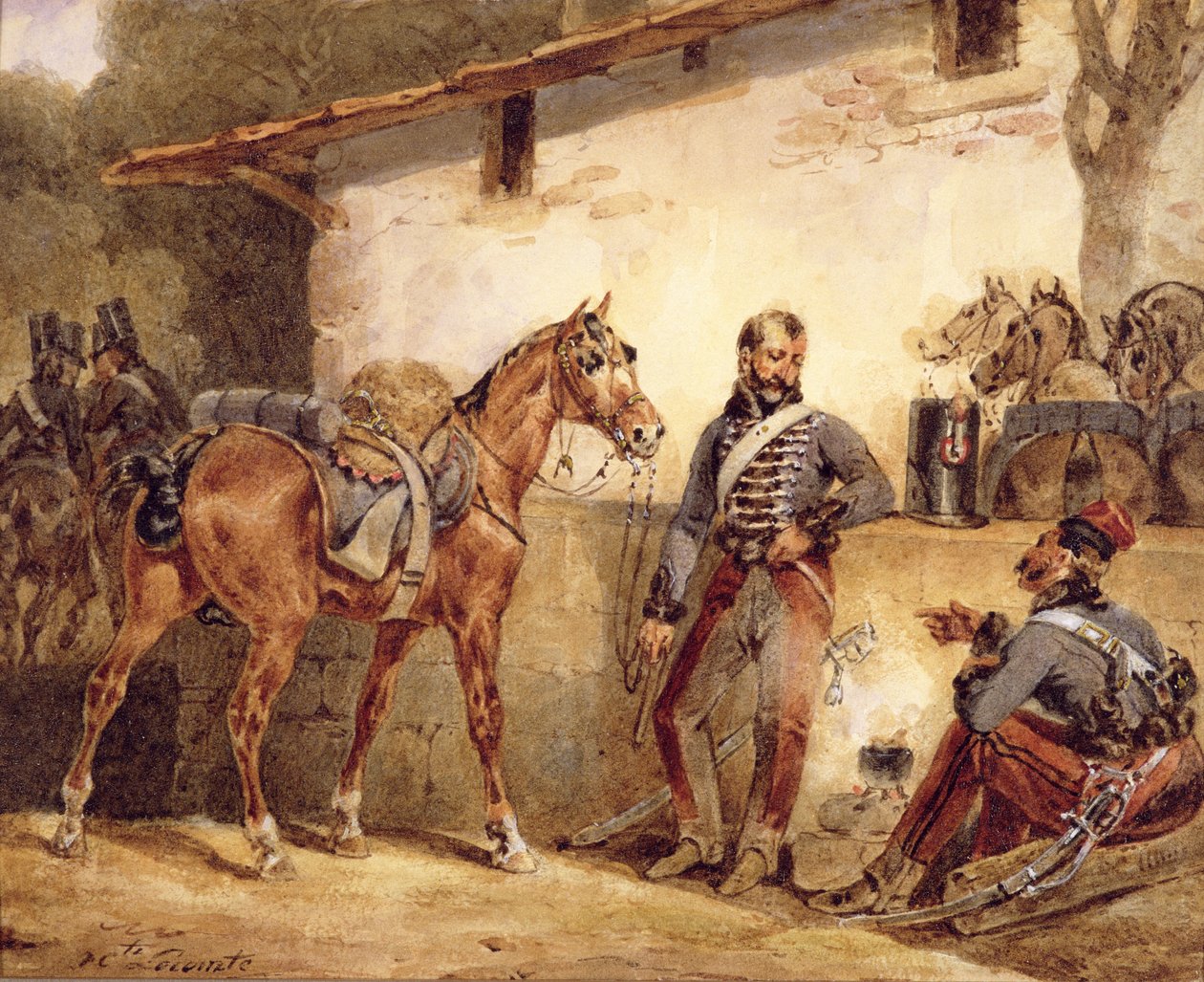フランスの兵士の休息、1831年（紙と紙とガッシュ） 作： ヒポリットルコント